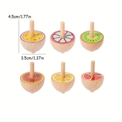 6pcs Wooden Spinning Top Toys Cartoon Fruit Animal Theme Patterns Classic Game