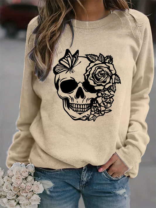 Rose Skull Print Loose Sweatshirt Casual Long Sleeve Crew Neck Women's Clothing
