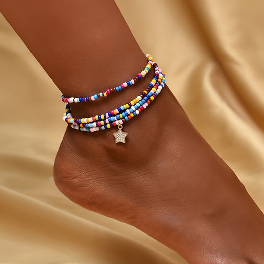 Star Shape Pendant Anklet Colorful Rice Beads Boho Style Foot Jewelry