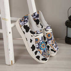 Women's Cow & Sunflower Print Canvas Lace Up Flat Outdoor Shoes