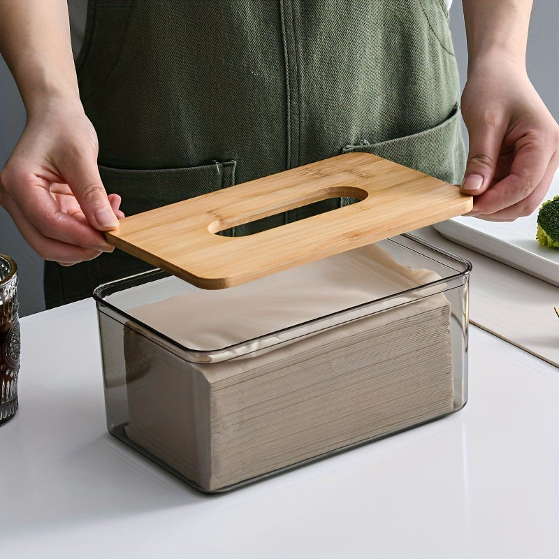 Transparent Tissue Box with Wooden Lid for Toilet Paper and Tissues