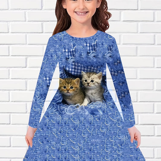 Sweet Girls Kitten Long Sleeve Dress for Spring Fall Party