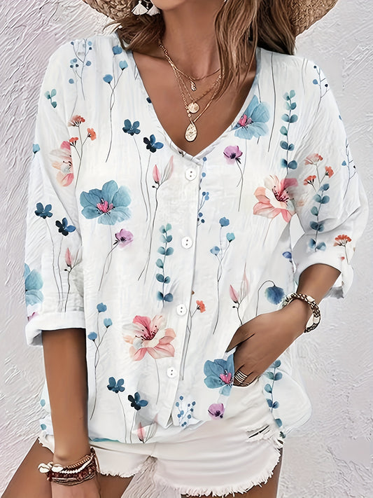  Floral Print Long Sleeve Blouse