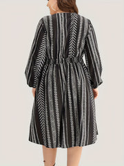 Geometric Print Long Sleeve Plus Size Boho Dress with Pockets