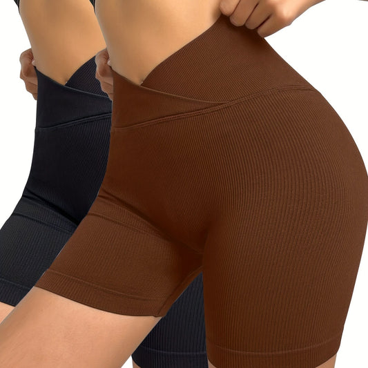 Women's High Waisted Cross Waist Ribbed Sports Yoga Shorts