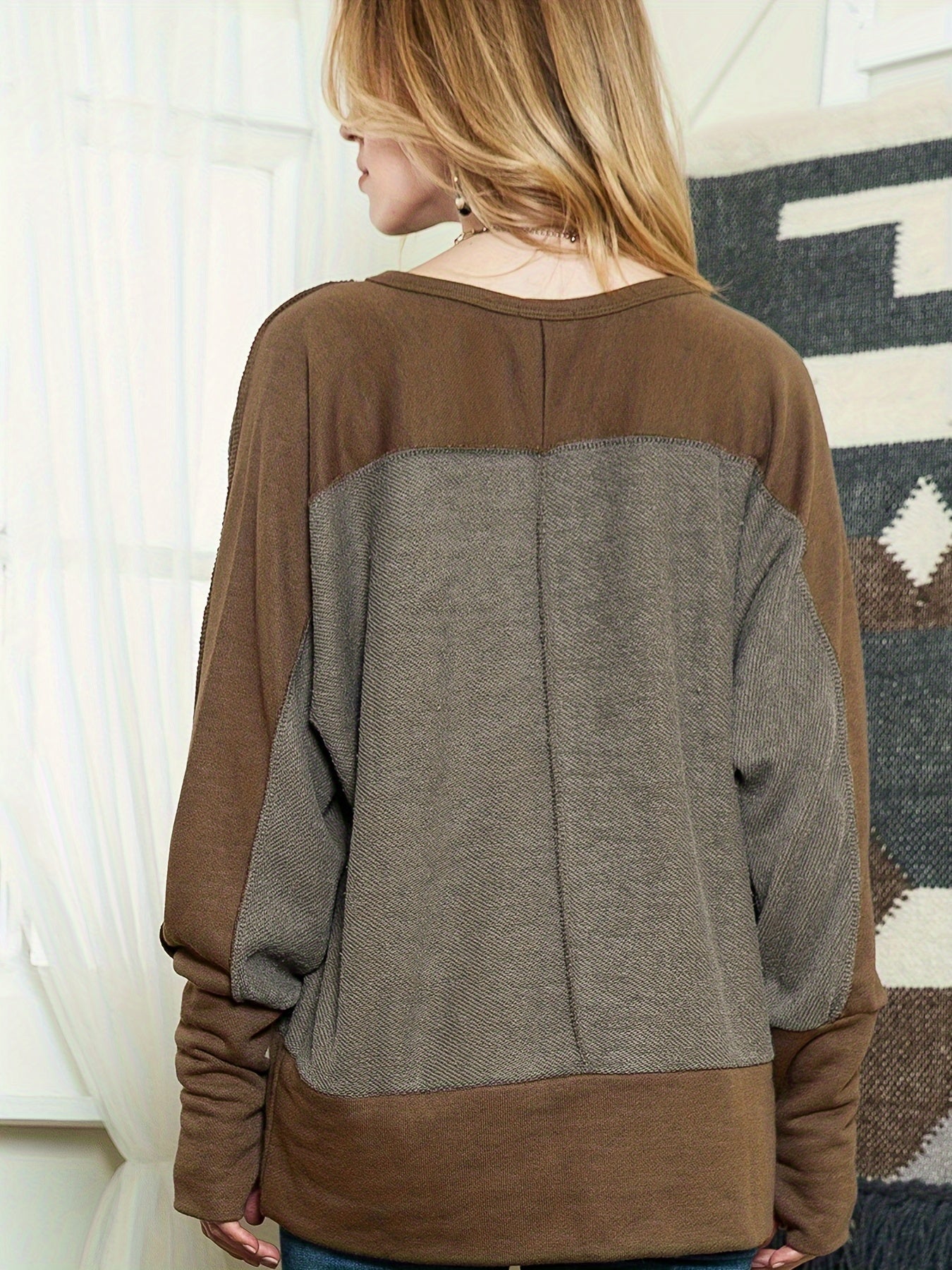 Retro Block Long Sleeves V Neck T shirt