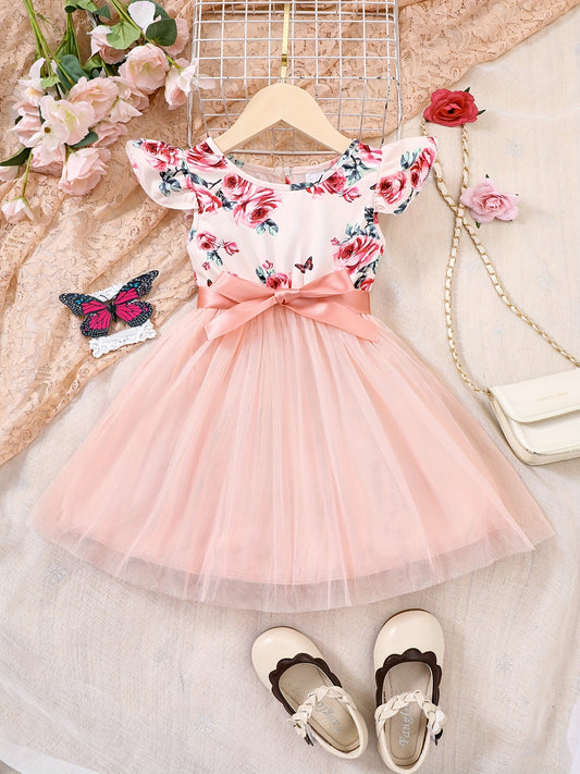 Girls Flower Sleeveless Ruffled Mesh Princess Dress With Belt