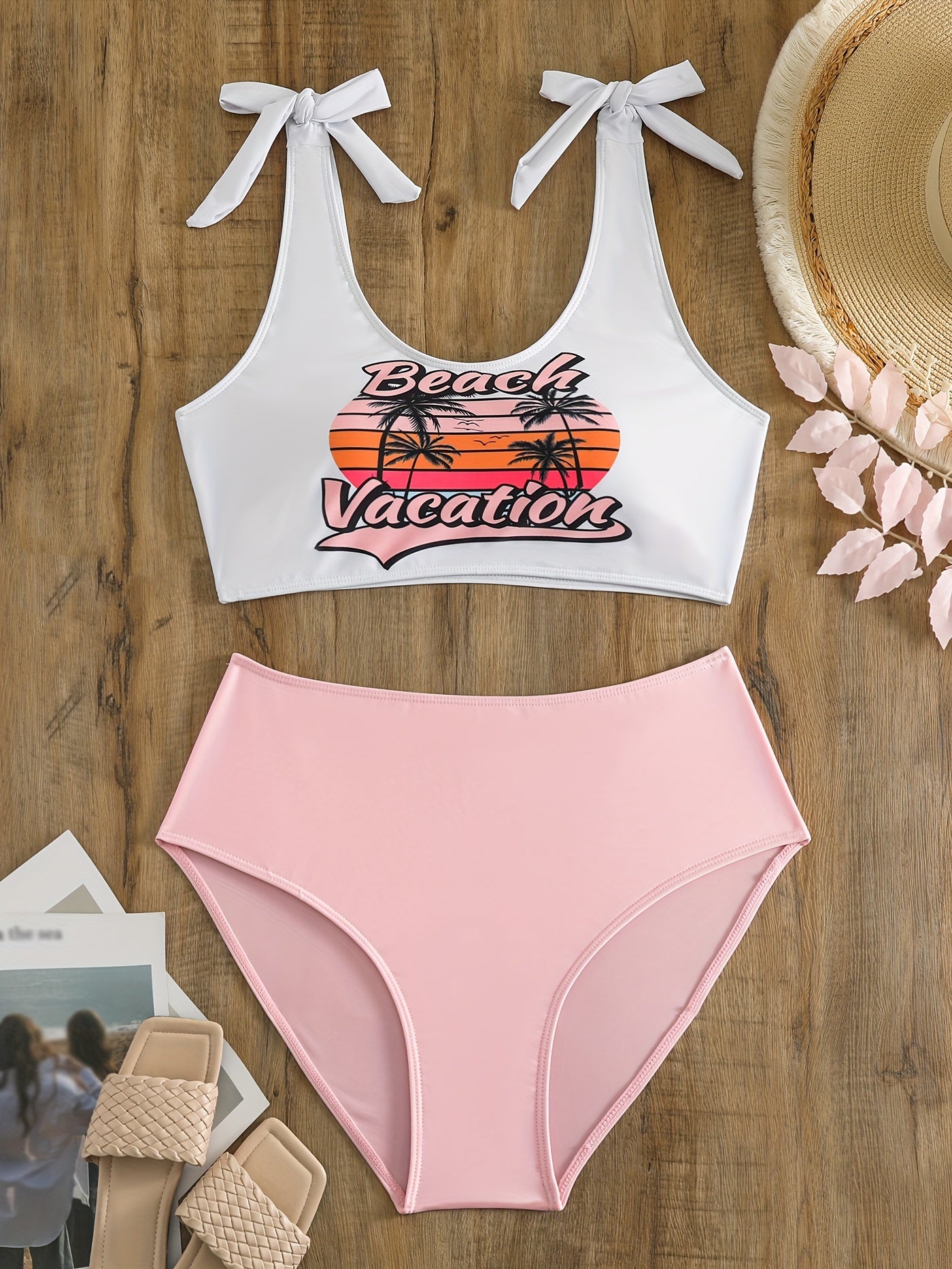  Tropical Print Shoulder Tie Bikini Set