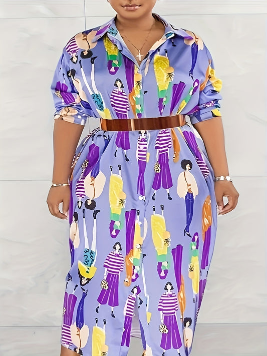 Cartoon Print Maxi Shirt Dress