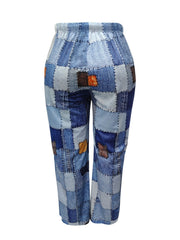  Denim Print Drawstring Trousers With Pockets