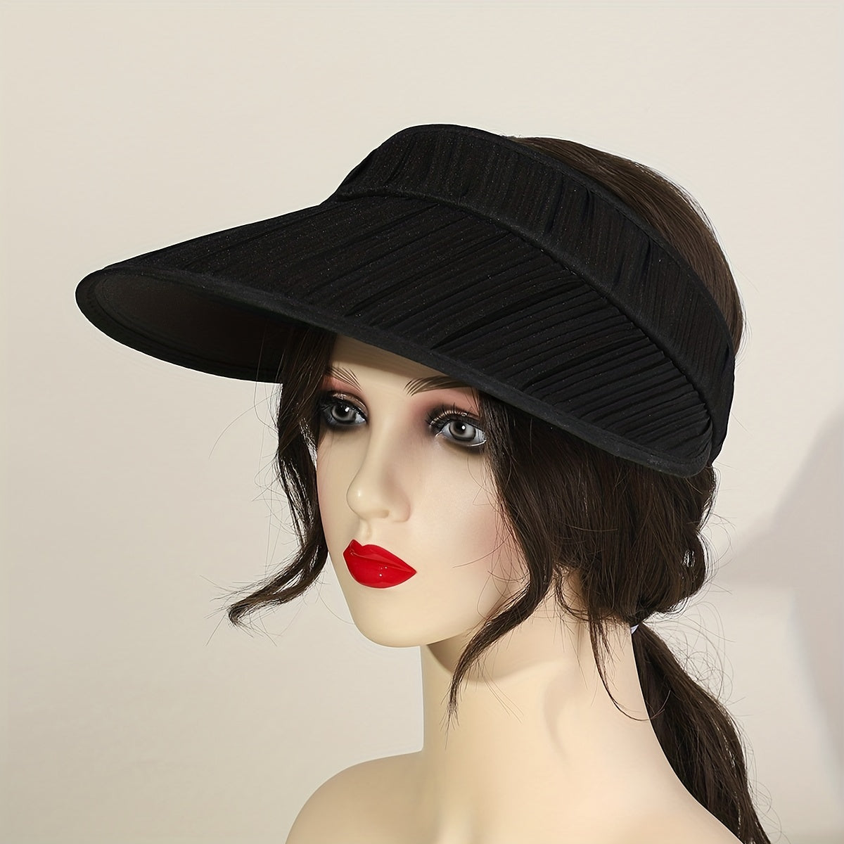 Striped Pleated Visor Hat Solid Wide Brim UV Protection Sun Hat for Women