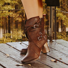 Women's Retro Mid Calf Boots Block Heeled Boots Western High Heeled Boots