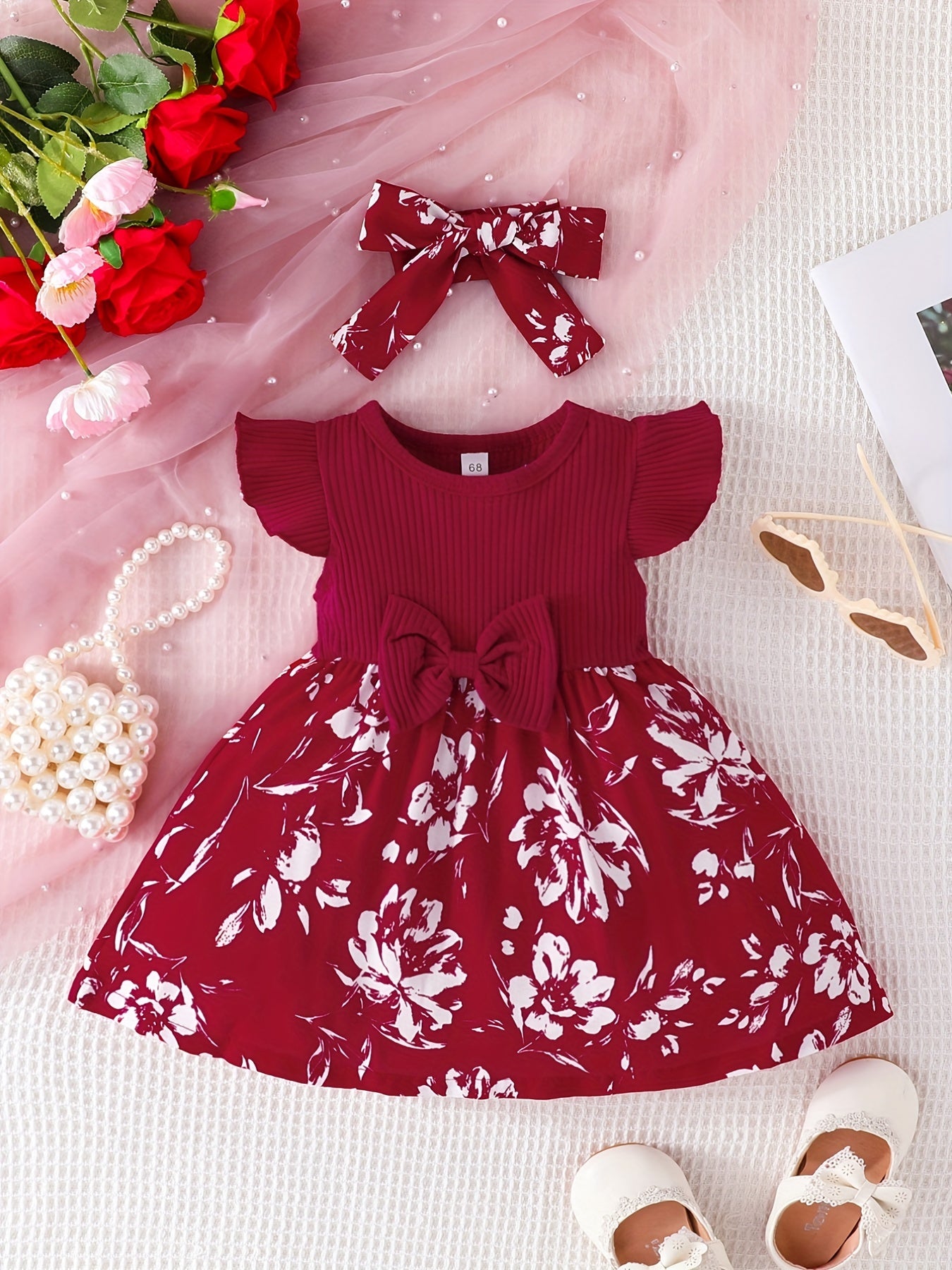 Baby Girls Casual Floral Print Dress & Headband Set