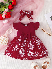 Baby Girls Casual Floral Print Dress & Headband Set