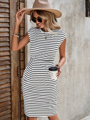  Stripe Print Bat Sleeve Round Neck Dress