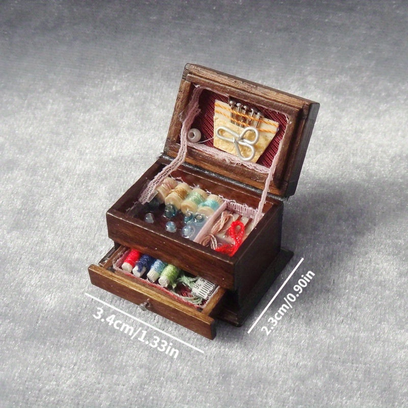 Vintage Sewing Kit Box Wooden Needlework Scissors Buttons Threads