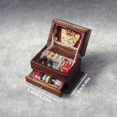 Vintage Sewing Kit Box Wooden Needlework Scissors Buttons Threads