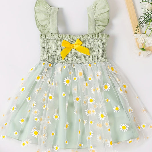 Girl's Chrysanthemum Graphic Gauze Dress With Suspenders Tunic Puffy Dress