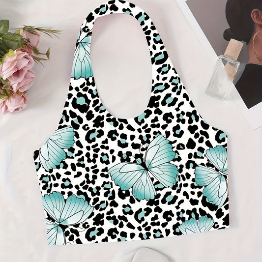 Butterfly Print Halter Top Sexy Backless Leopard Top