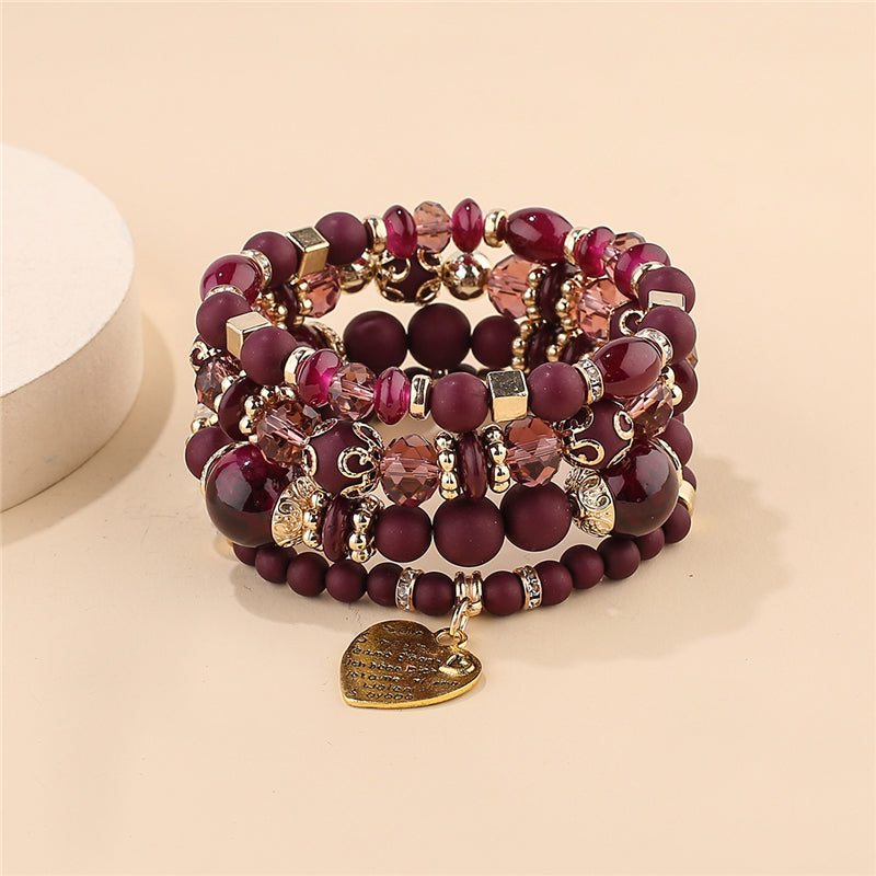 Heart Charm Bead Layered Bracelet Set Vintage Jewelry Gift