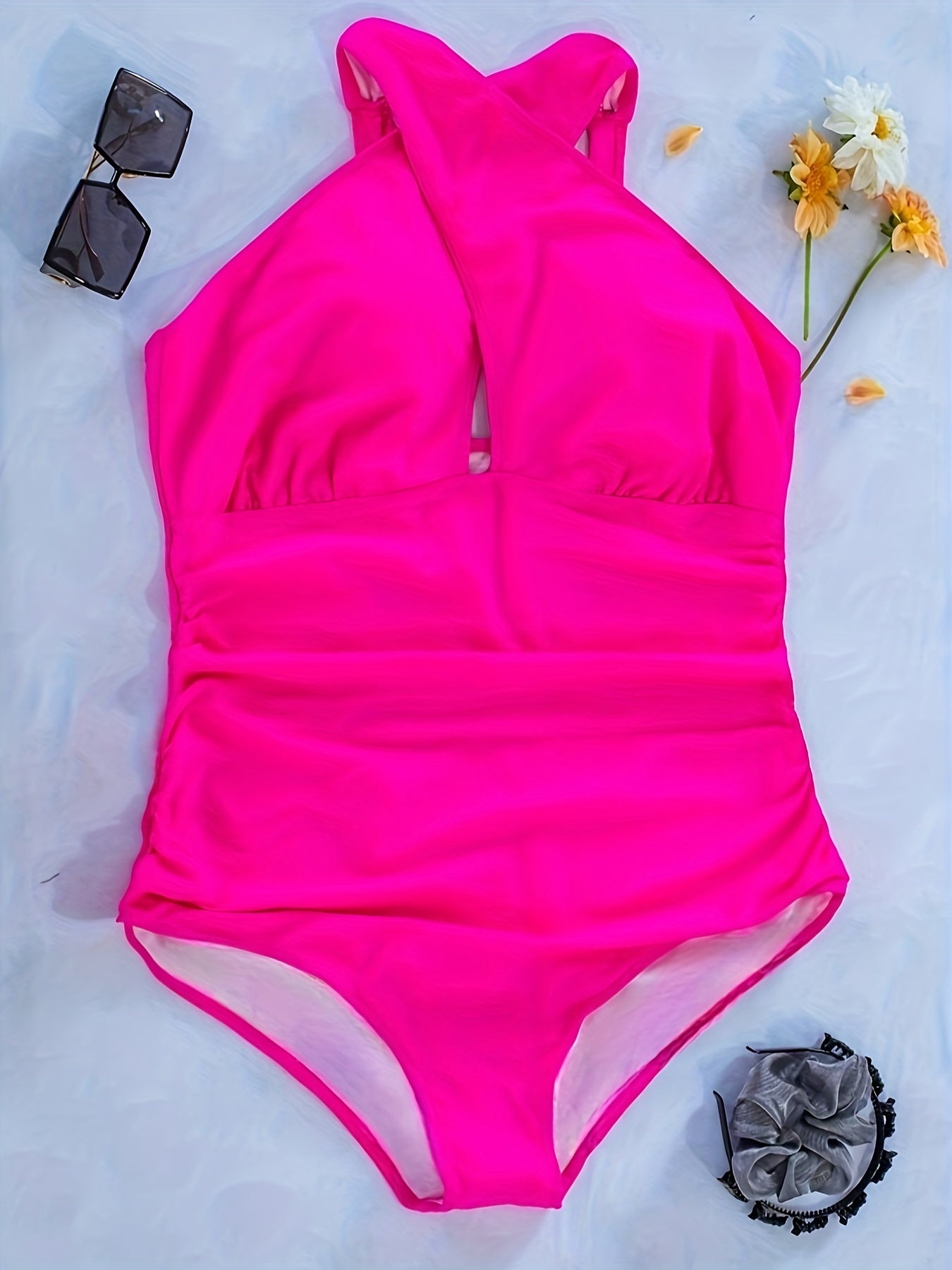  Solid Cross Halter One Piece Swimsuit