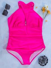  Solid Cross Halter One Piece Swimsuit