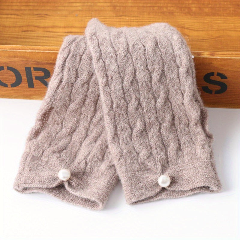 Velvet Wool Knit Fingerless Gloves with Faux Pearl Decor