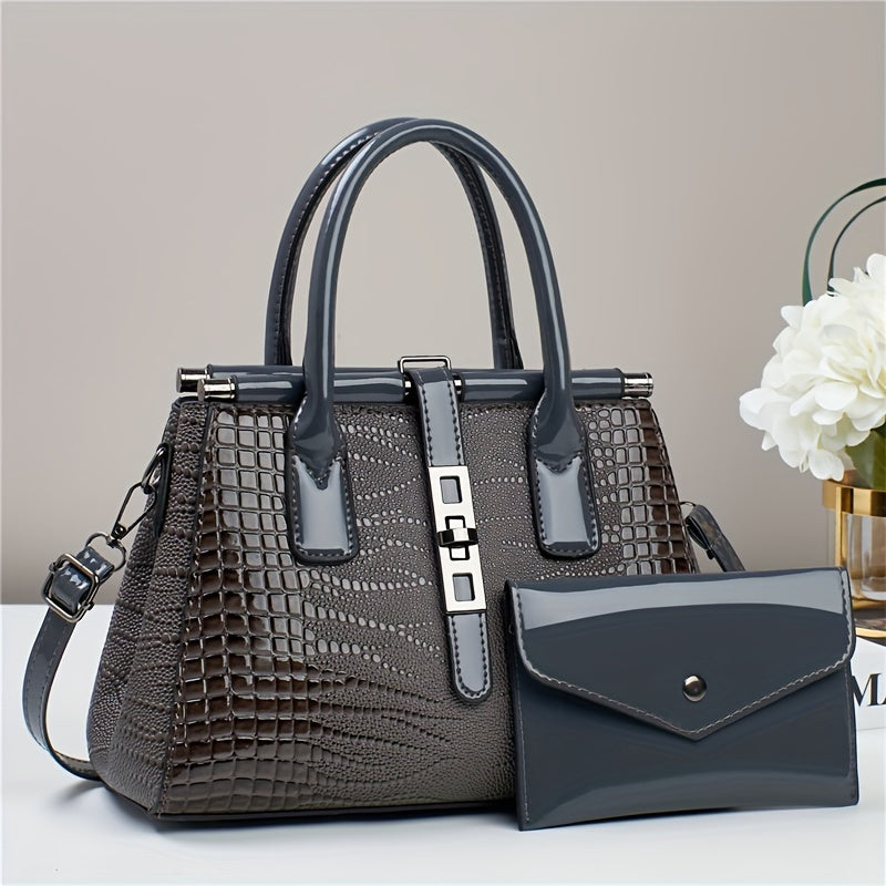 Crocodile PU Leather Tote Bag Set with Clutch - 2 Piece Lady Purse