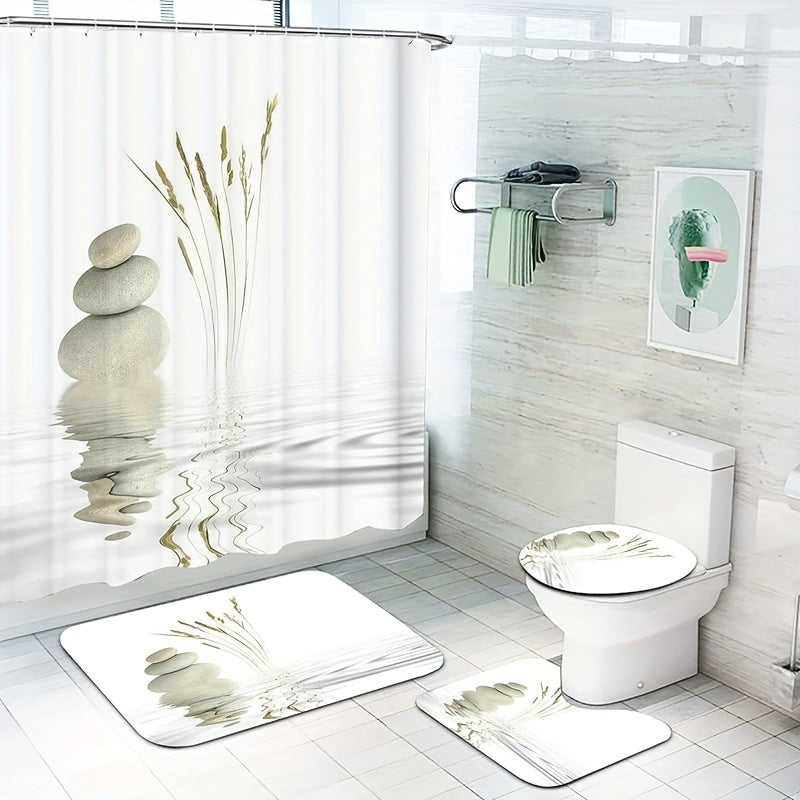 4pcs Stone Print Shower Curtain Set