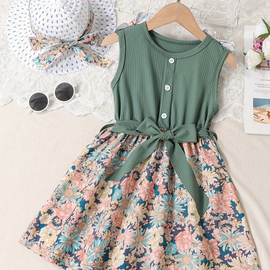 2pcs Toddler Girls Sleeveless Button Flowers Dress & Bow Straw Hat Set