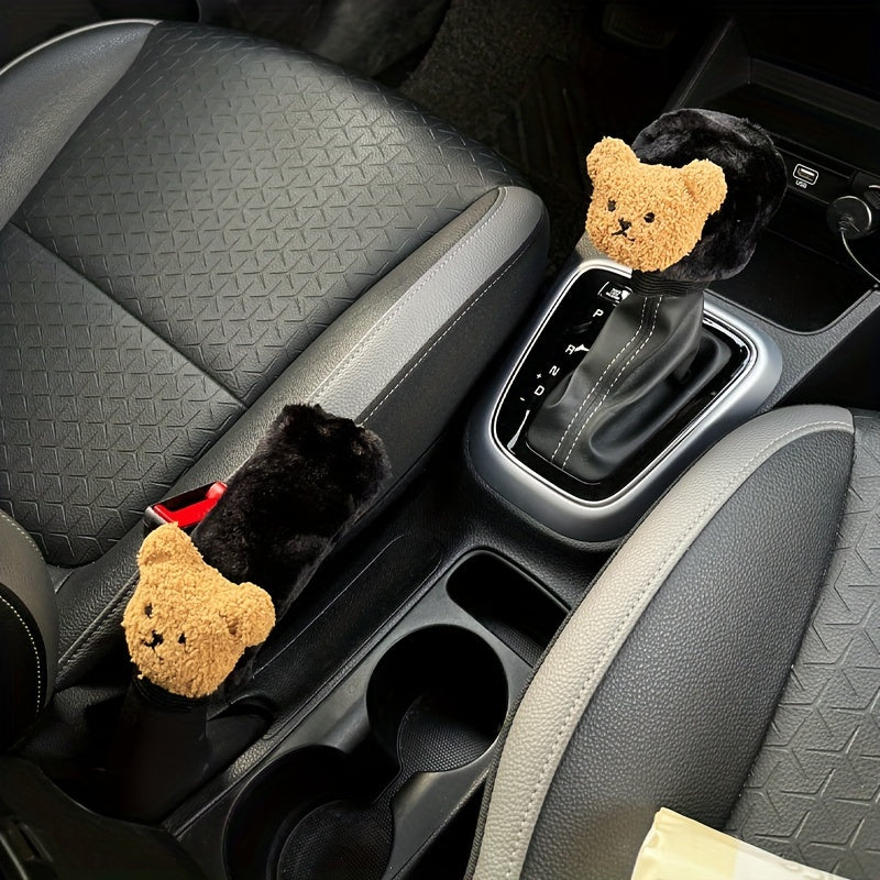 2pcs Coffee Bear Handbrake Cover And Gear Sleeve Universal - Car Interior Decor