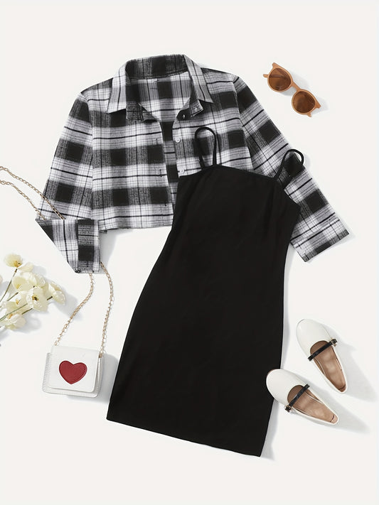 2pcs Girls' Solid Cami Dress & Plaid Shirt Top Set for Party