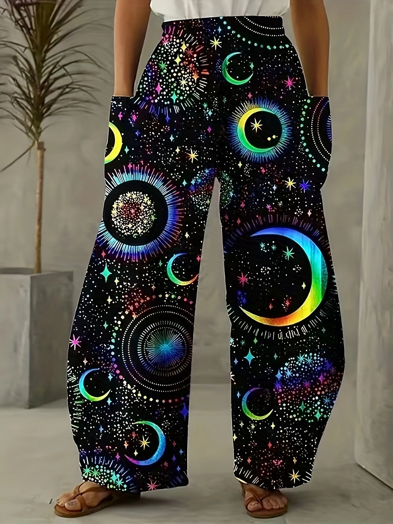 Women's Plus Moon & Star Print Wide Leg Trousers