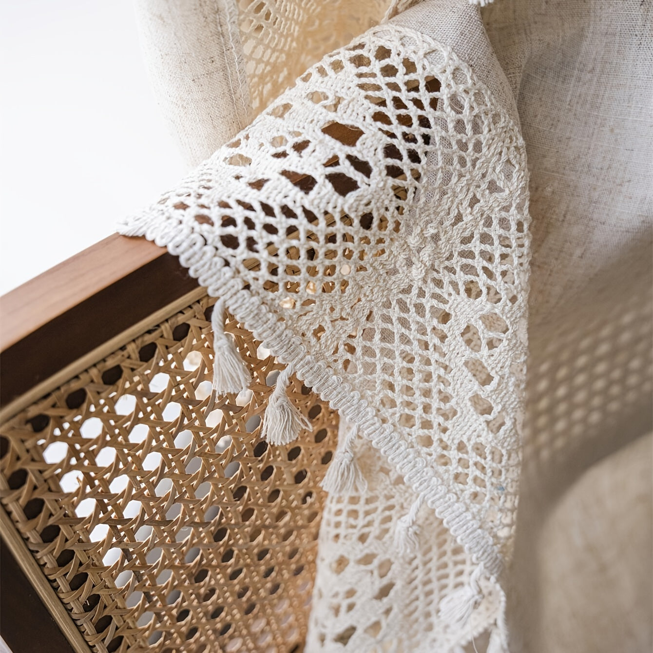 Boho Pure Linen Crochet Semi Blackout Curtain American Farmhouse Style
