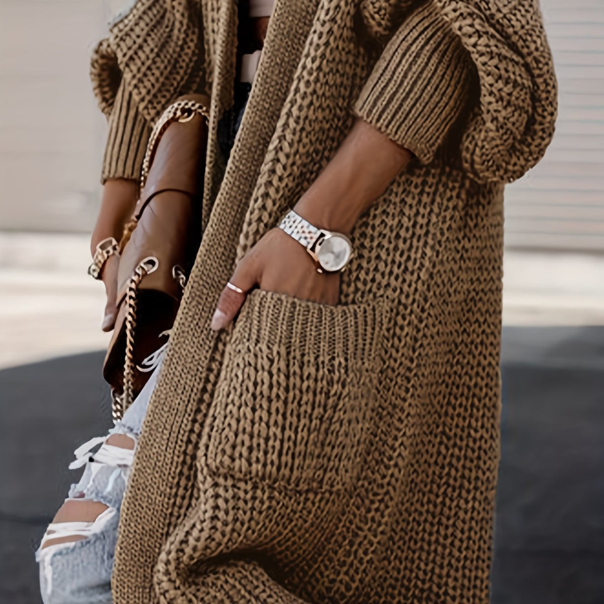  Solid Long Sleeve Open Front Cardigan With Pockets