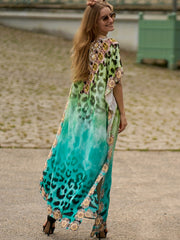  Boho Cover Up Tie Dye Stripe Print V Neck Bat Sleeve Split Dress