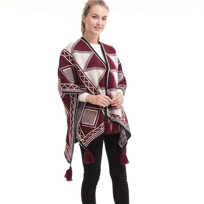 Geometric Pattern Shawl Large Warm Tassel Shawl Wrap