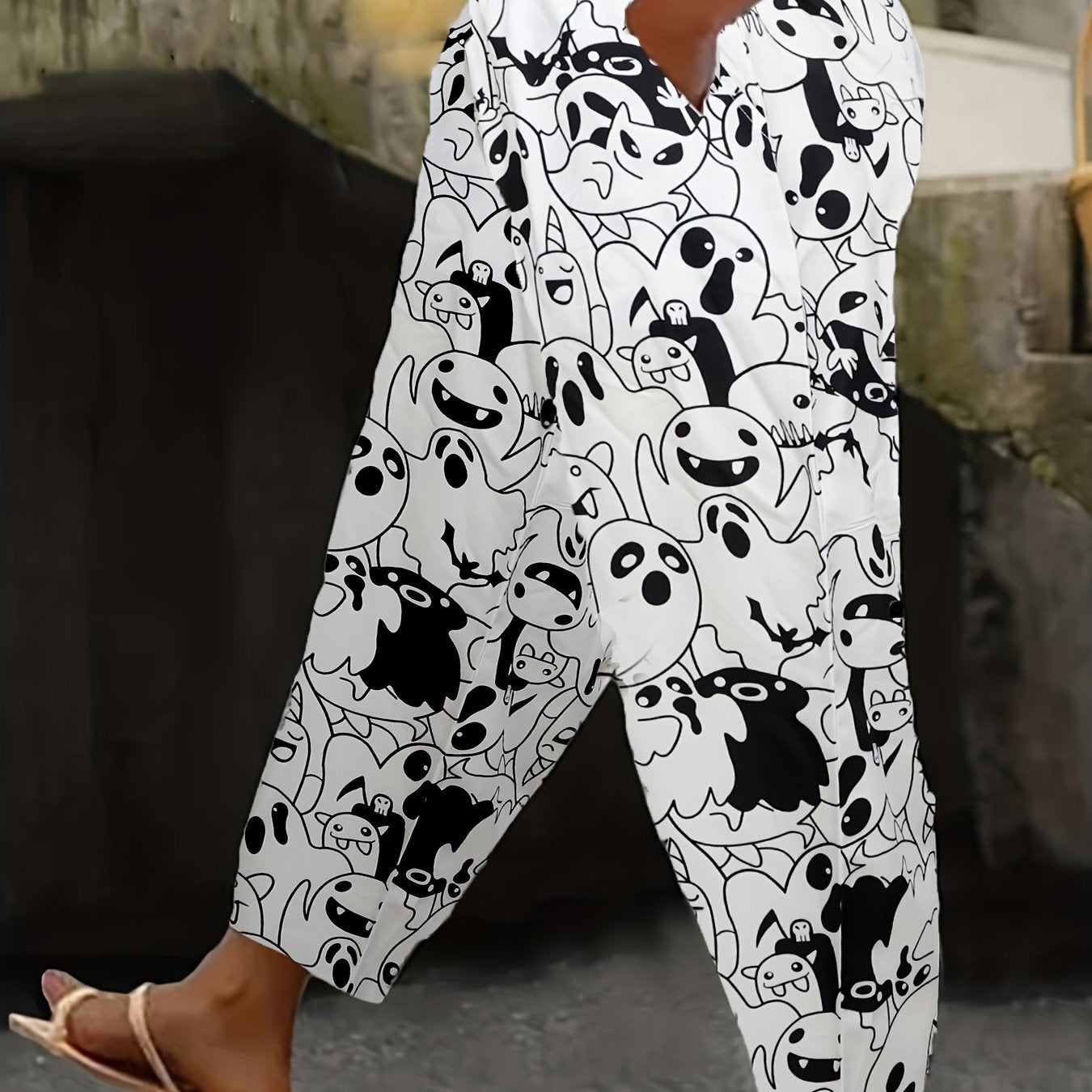  Ghost Print Elastic Drawstring High Rise Trousers