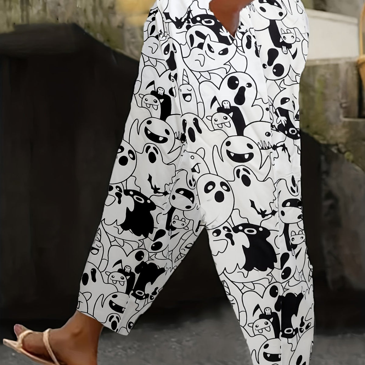  Ghost Print Elastic Drawstring High Rise Trousers
