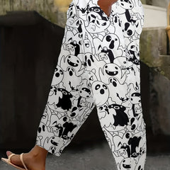  Ghost Print Elastic Drawstring High Rise Trousers