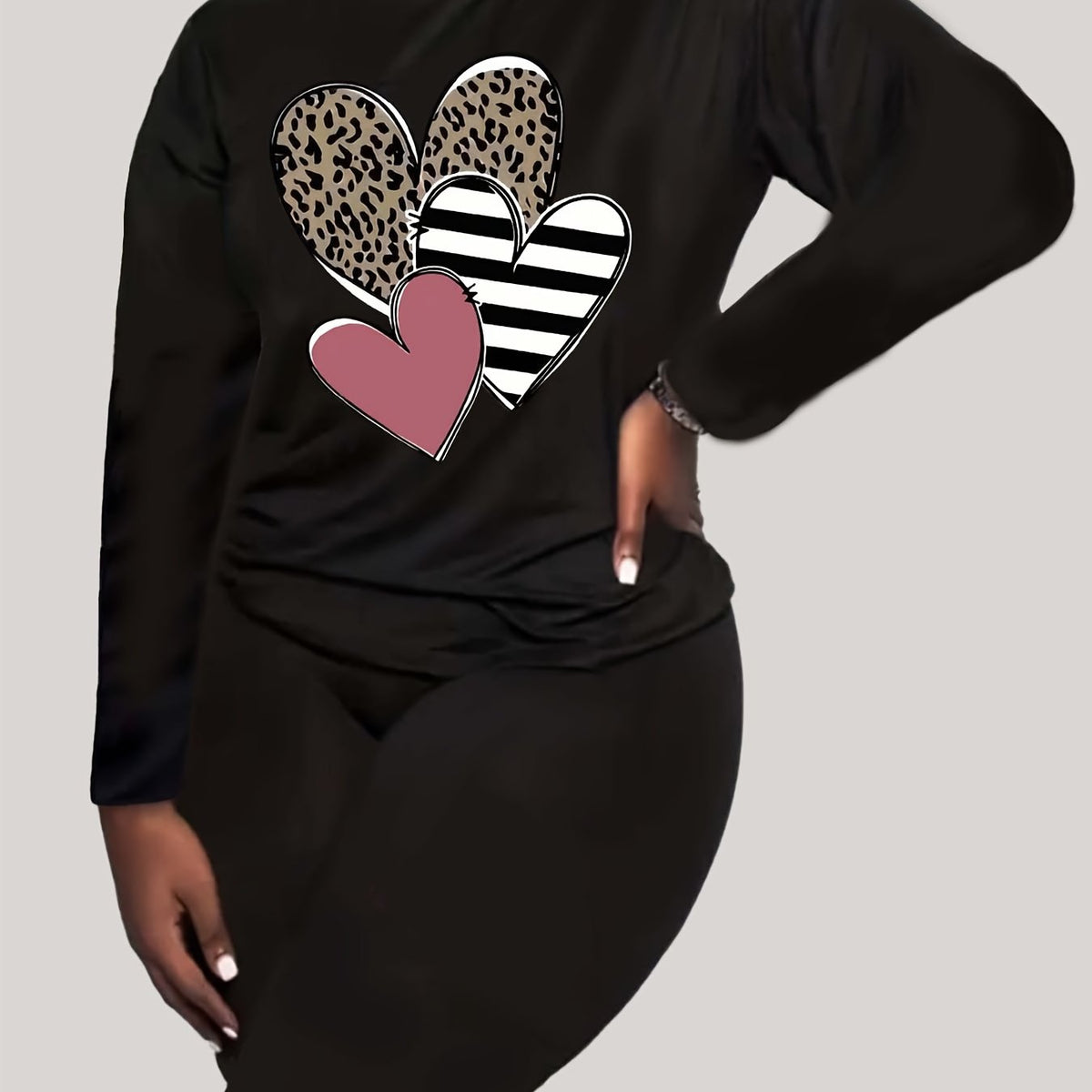 Women's Plus Heart Print Long Sleeve Round Neck Top & Leggings 2 Piece Set