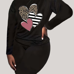 Women's Plus Heart Print Long Sleeve Round Neck Top & Leggings 2 Piece Set
