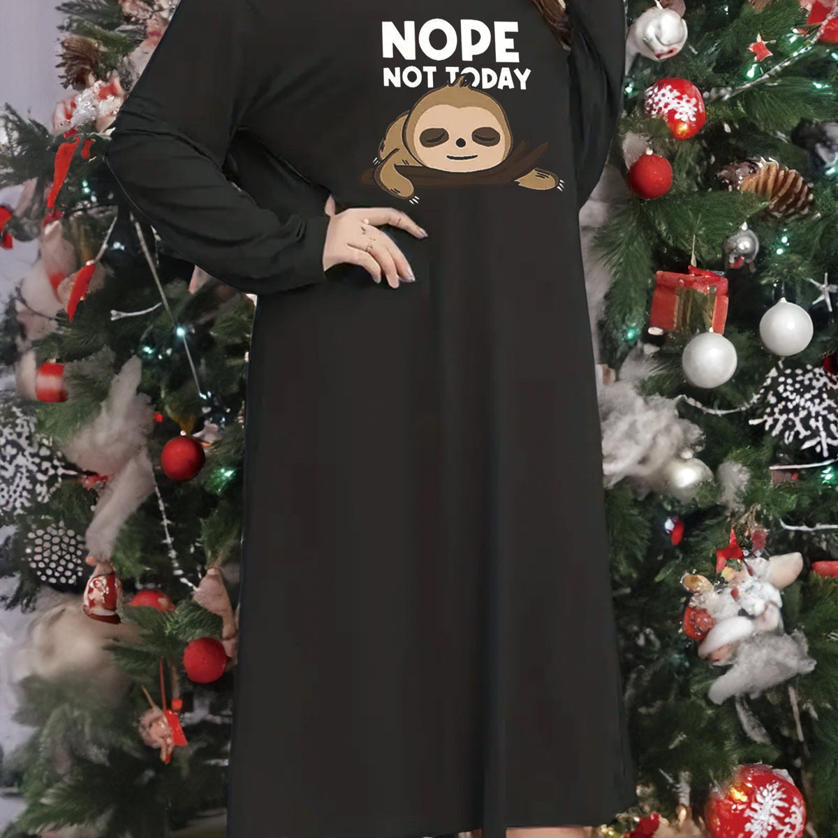  Sloth Graphic Long Sleeve Round Neck Sleep Dress