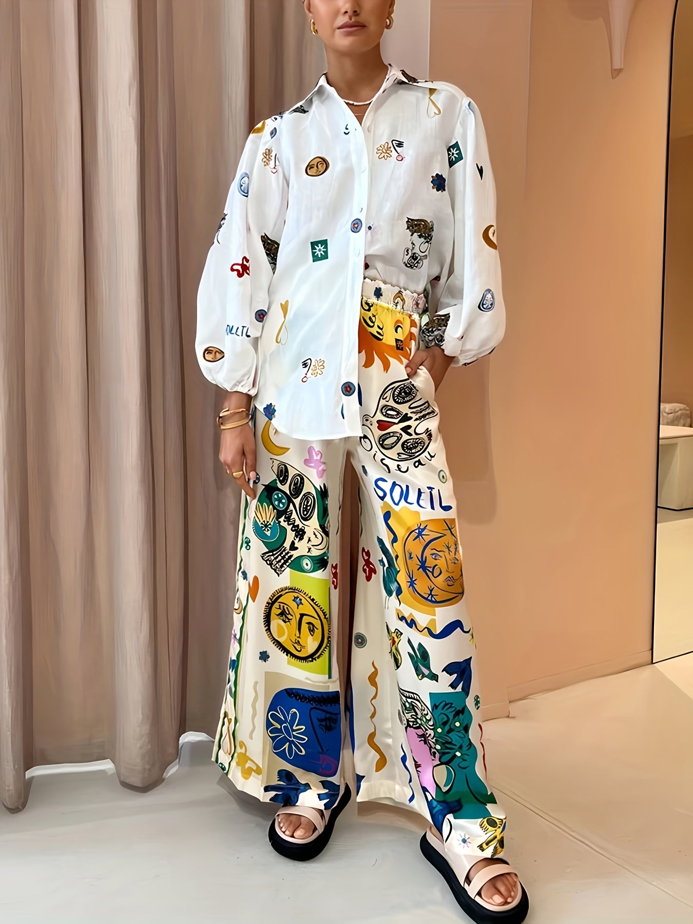  Graffiti Print Shirt & Pants Set Women's Y2K Outfit