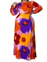 Floral Print Lantern Sleeve Maxi Dress With Belt
