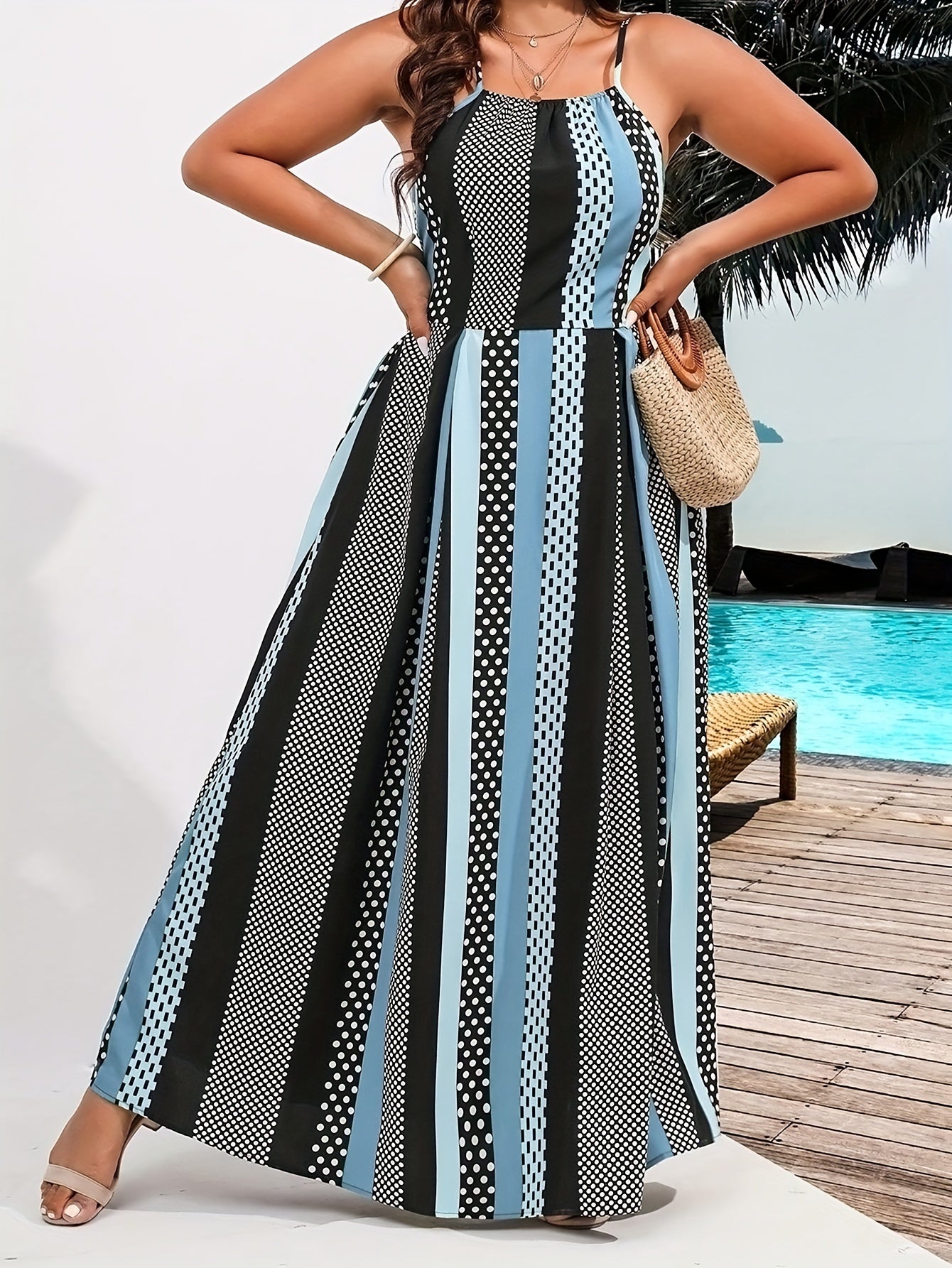  Stripe Print Maxi Cami Dress