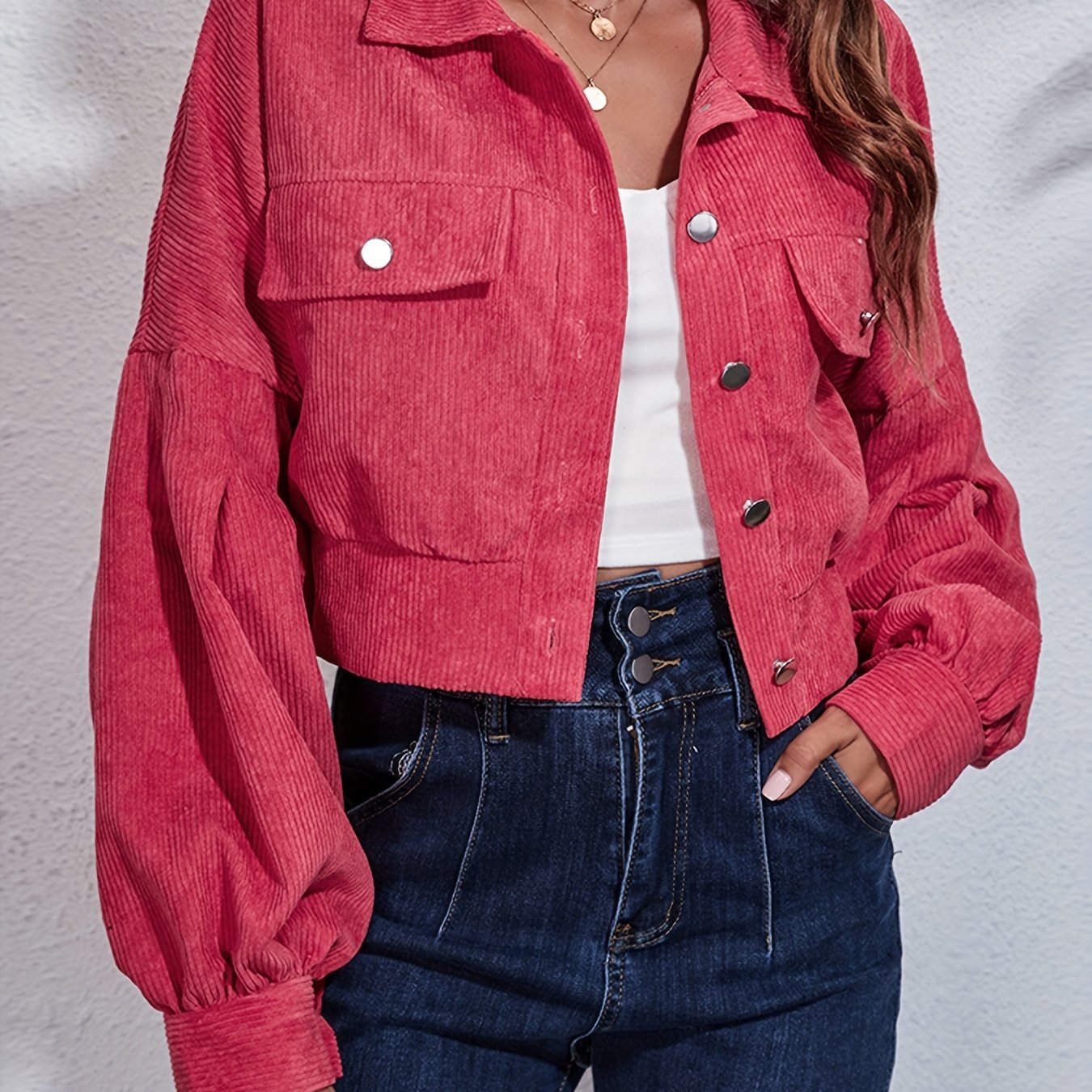 Ribbed Corduroy Cropped Jacket with Lantern Sleeves