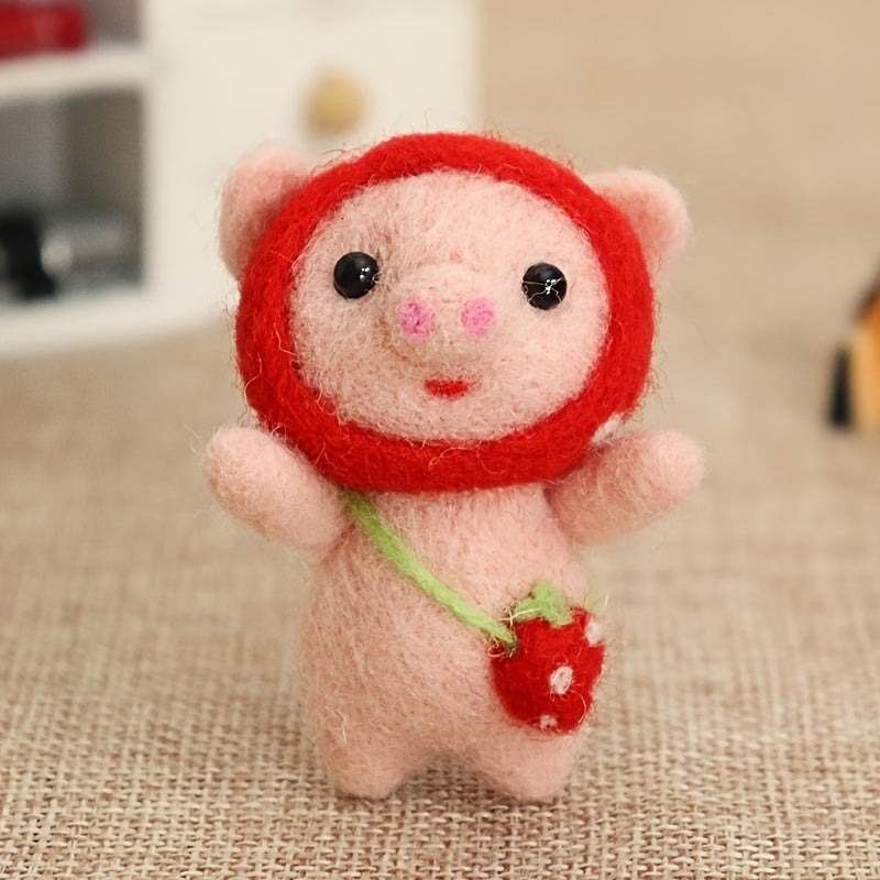 Wool Felting DIY Kit Pig With Red Strawberry Hat And Bag