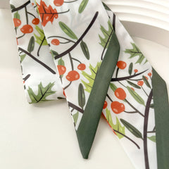 Green Fruit Tree Print Skinny Scarf Silky Ribbon Long Neckerchief