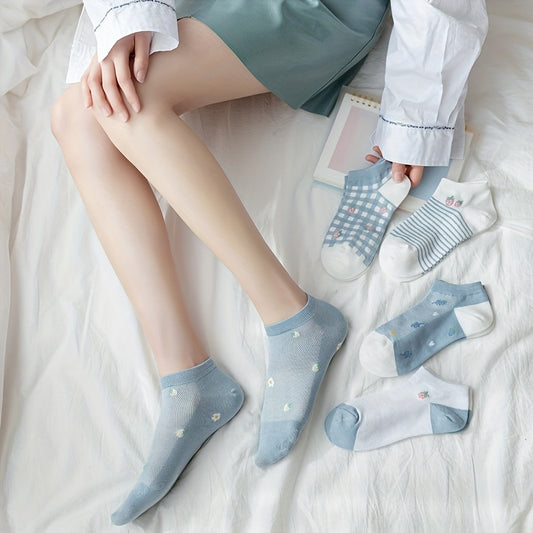 5 Pairs Girls Kids Cartoon Flower Socks Thin Breathable Low Cut Ankle Socks